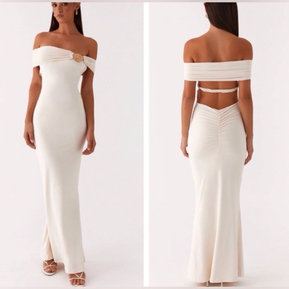 NWT Peppermayo Illusion Maxi Dress Elegant Off-Shoulder Cream Hold Shell